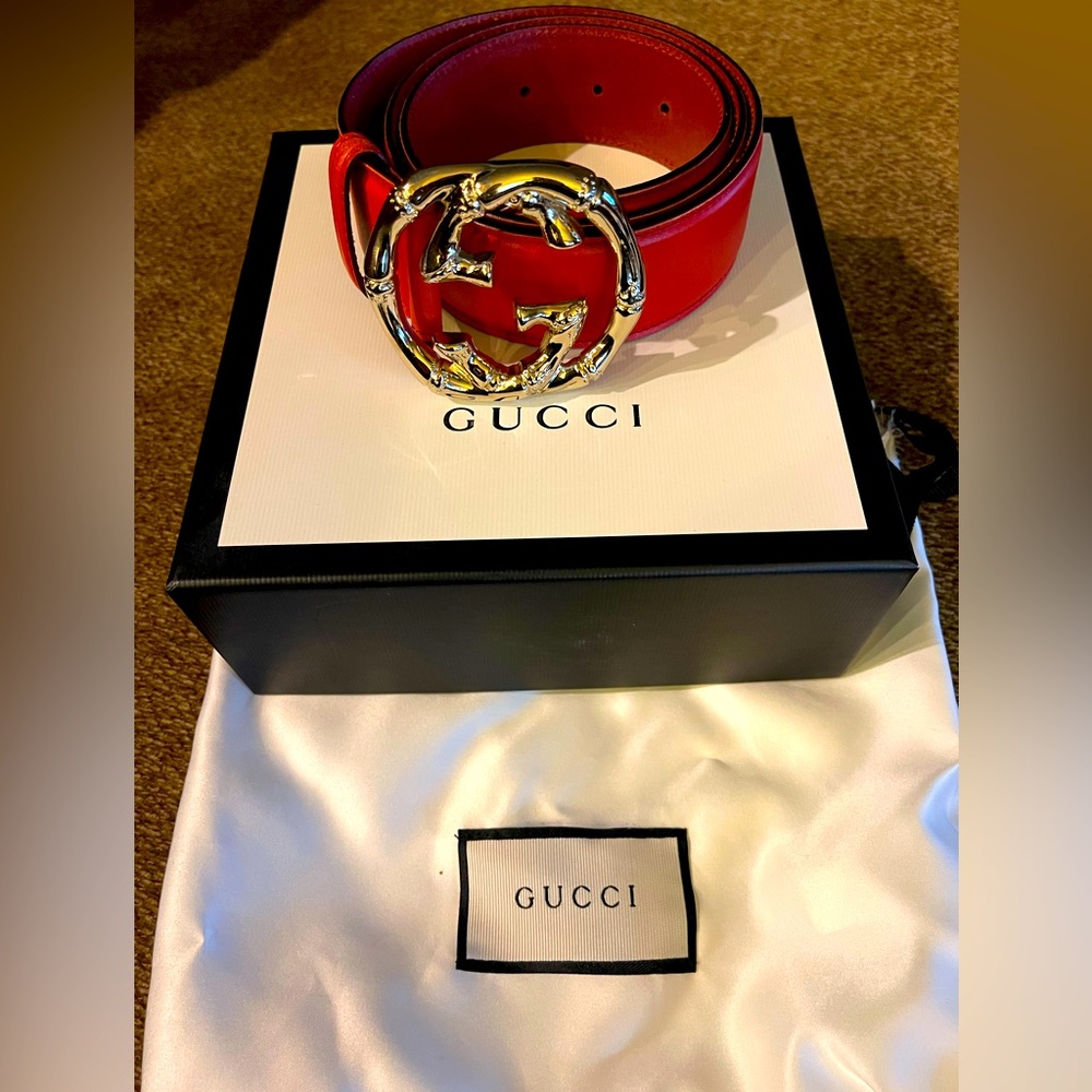 Authentic GUCCI red leather belt gold buckle